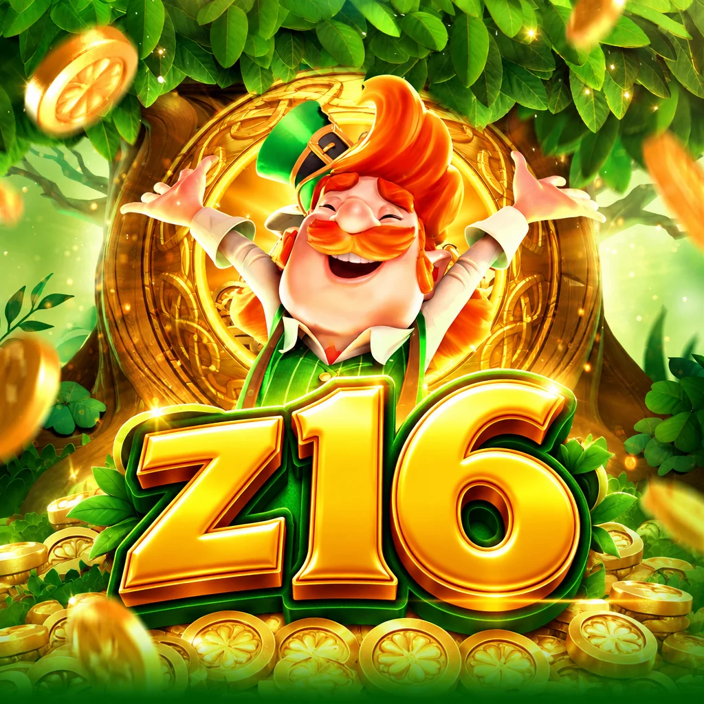 โลโก้ z16 กับตัวละครเลเปรอคอนและเหรียญทองในเกม Leprechaun Riches ท่ามกลางต้นไม้สีเขียว