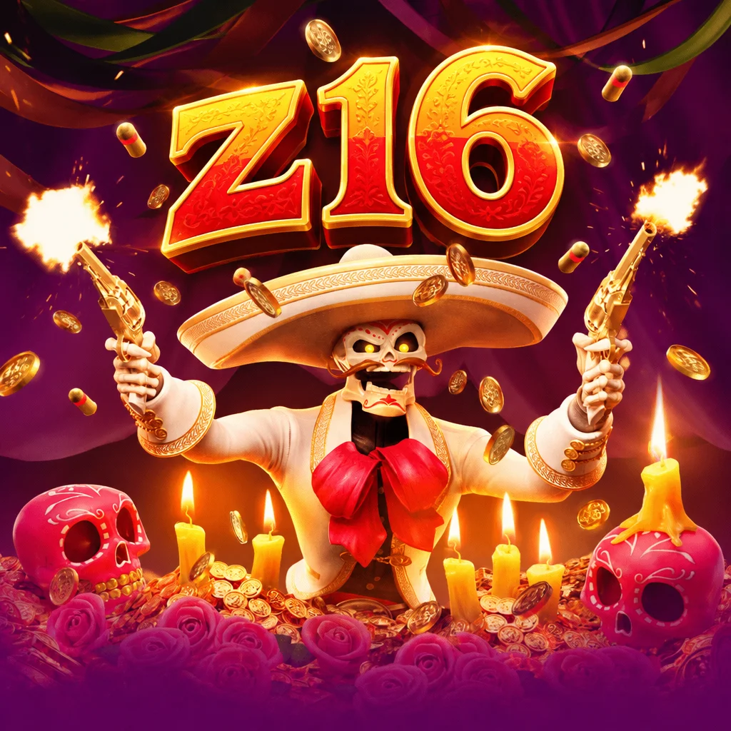 โลโก้ z16 เหนือโครงกระดูกสวมหมวกปีกกว้างถือปืนคู่ท่ามกลางแสงเทียนในเกม Wild Bandito